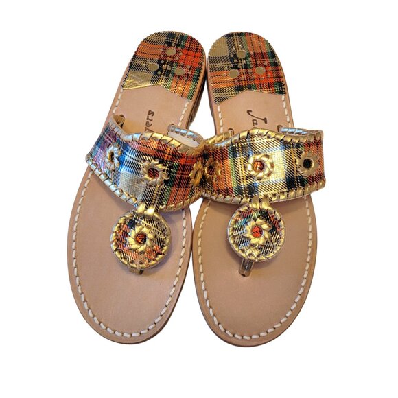 Jack Rogers NEW Holiday Tartan Plaid Metallic Whipstich Thong Sandals - Picture 3 of 8